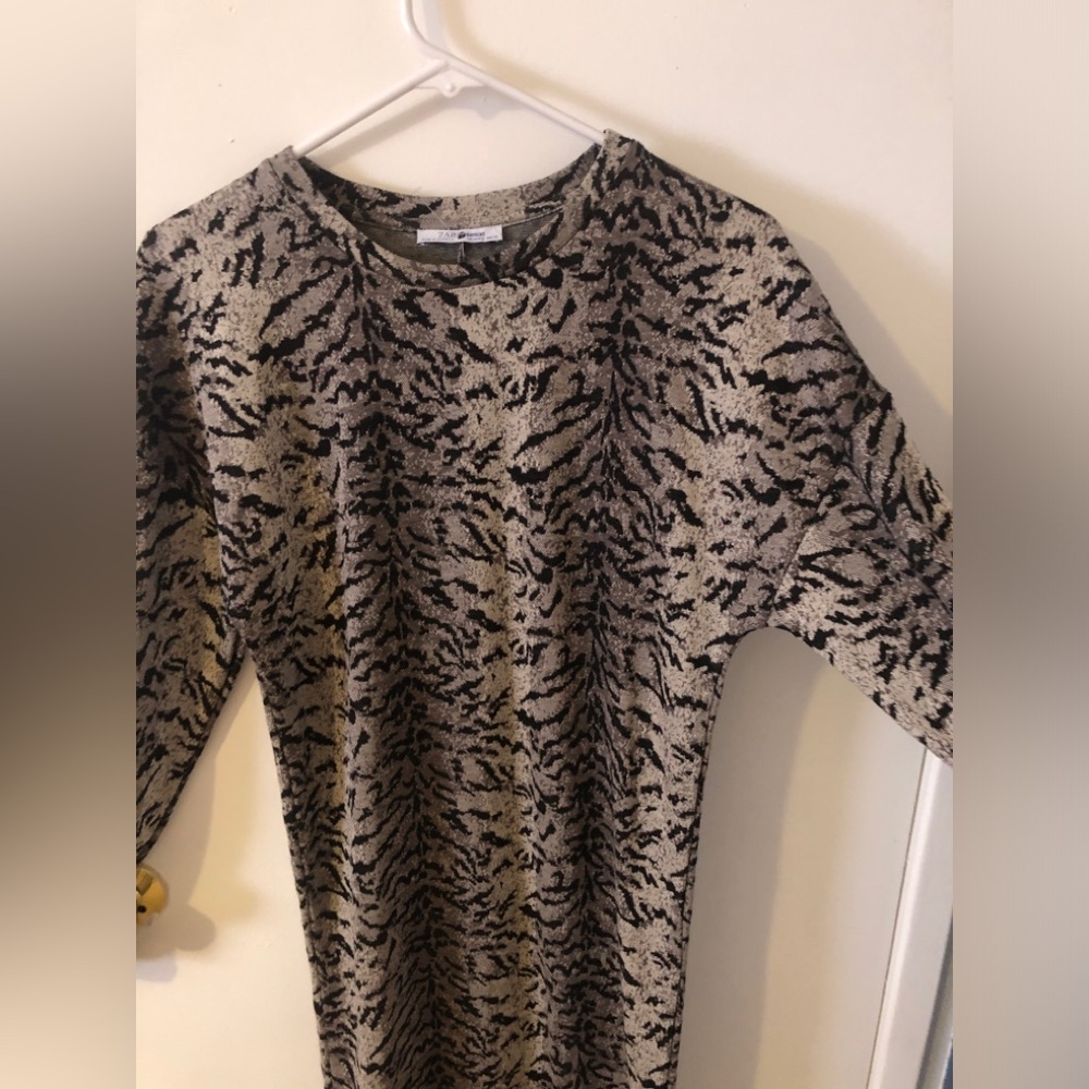 Zara Animal Print Long Sleeve Bodycon Midi Dress size Small black tan - Picture 3 of 10